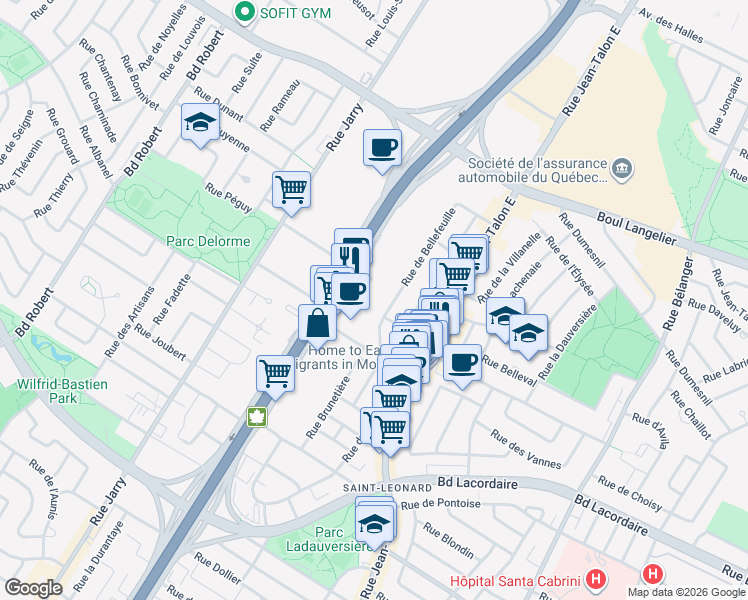 map of restaurants, bars, coffee shops, grocery stores, and more near 6050 Boulevard Métropolitain Est in Montréal