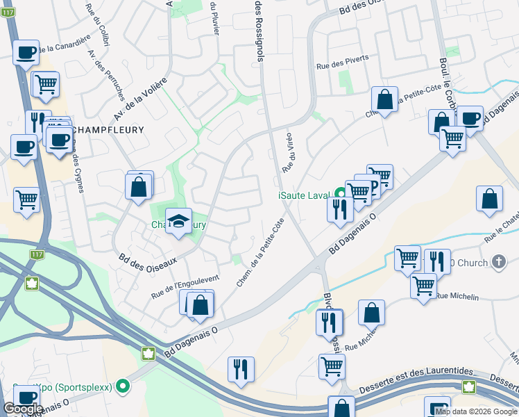 map of restaurants, bars, coffee shops, grocery stores, and more near 2504 Rue des Bergeronnettes in Laval