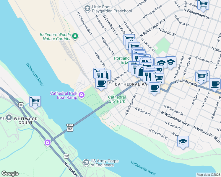 map of restaurants, bars, coffee shops, grocery stores, and more near 6618 North Crawford Street in Portland