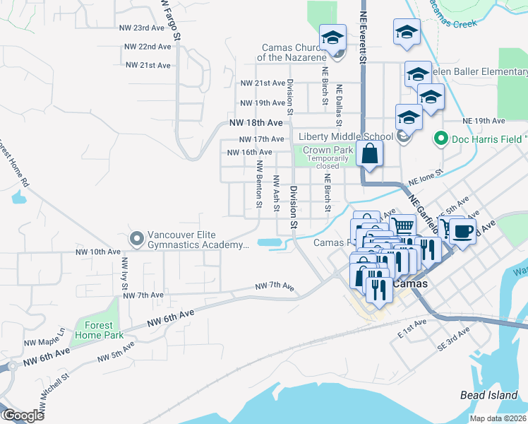 map of restaurants, bars, coffee shops, grocery stores, and more near 1218 Northwest Benton Street in Camas