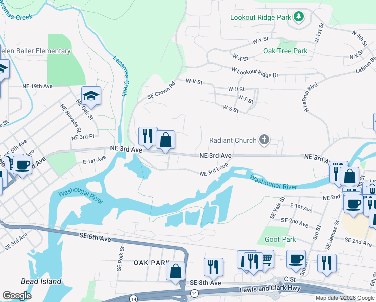 map of restaurants, bars, coffee shops, grocery stores, and more near 2100 Northeast 3rd Avenue in Camas