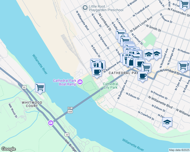 map of restaurants, bars, coffee shops, grocery stores, and more near 8799 North Bradford Street in Portland