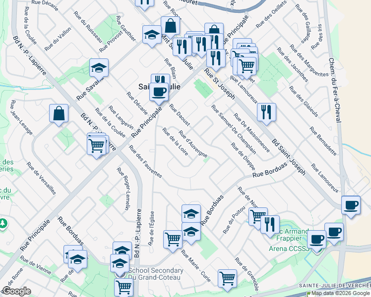 map of restaurants, bars, coffee shops, grocery stores, and more near 501 Rue de la Loire in Sainte-Julie