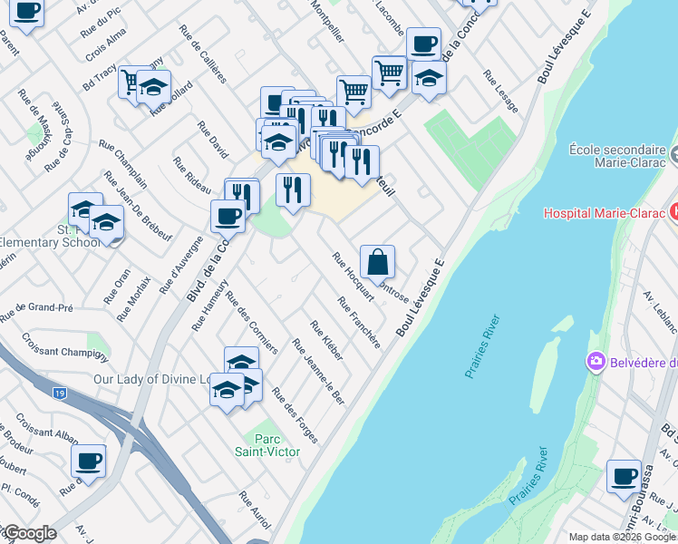 map of restaurants, bars, coffee shops, grocery stores, and more near 720 Rue Hocquart in Laval