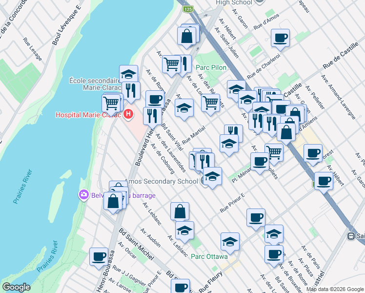 map of restaurants, bars, coffee shops, grocery stores, and more near 10959 Boulevard Saint-Vital in Montréal