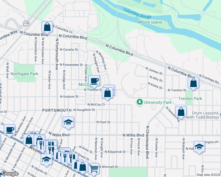 map of restaurants, bars, coffee shops, grocery stores, and more near 9211 North Woolsey Avenue in Portland