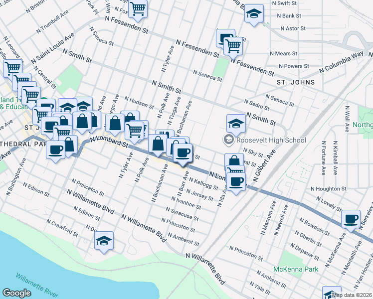 map of restaurants, bars, coffee shops, grocery stores, and more near 7405 North Central Street in Portland