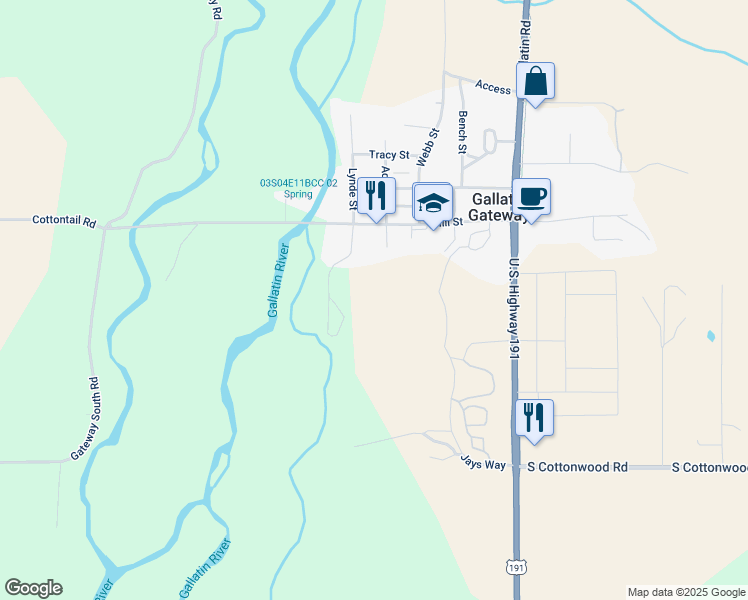 map of restaurants, bars, coffee shops, grocery stores, and more near 76221 Gallatin Road in Gallatin Gateway