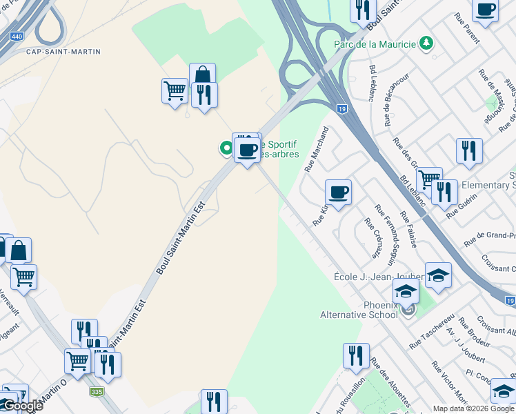 map of restaurants, bars, coffee shops, grocery stores, and more near 1780 Rue Notre-Dame-de-Fatima in Laval