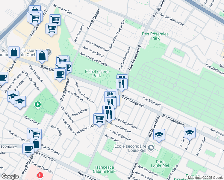 map of restaurants, bars, coffee shops, grocery stores, and more near Rue Louis Dupire in Montreal