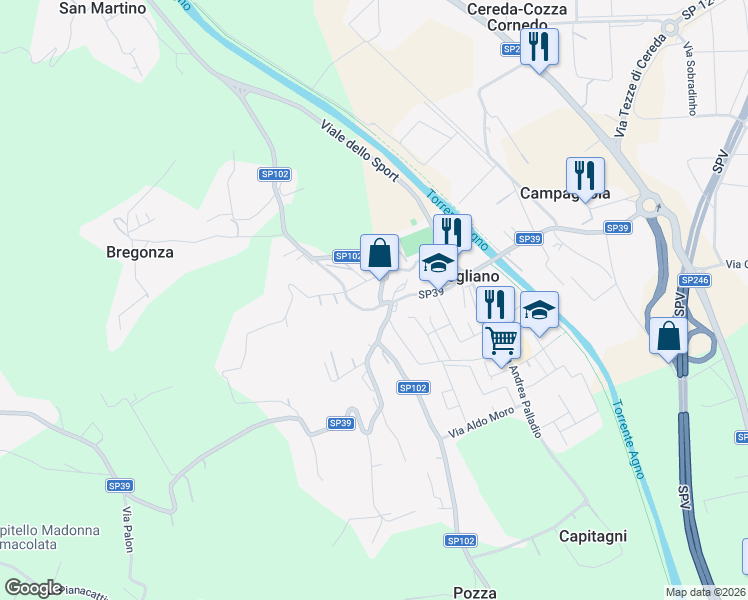 map of restaurants, bars, coffee shops, grocery stores, and more near 14 Via Bosco Don in Brogliano