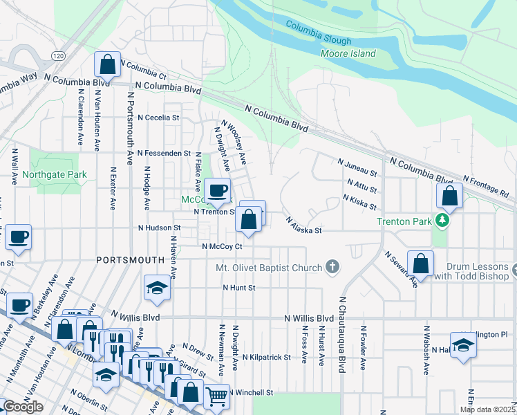 map of restaurants, bars, coffee shops, grocery stores, and more near 9211 North Woolsey Avenue in Portland