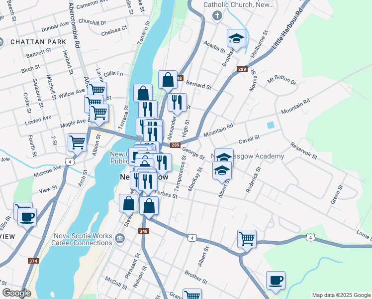 map of restaurants, bars, coffee shops, grocery stores, and more near George Street in New Glasgow