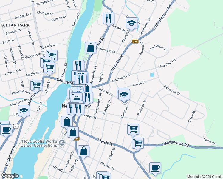 map of restaurants, bars, coffee shops, grocery stores, and more near 89 Mountain Road in New Glasgow