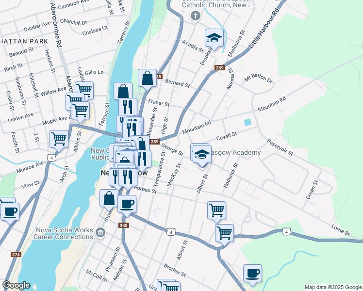 map of restaurants, bars, coffee shops, grocery stores, and more near 44 Underwood Street in New Glasgow