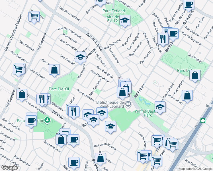map of restaurants, bars, coffee shops, grocery stores, and more near 5420 Rue de Bernières in Montréal
