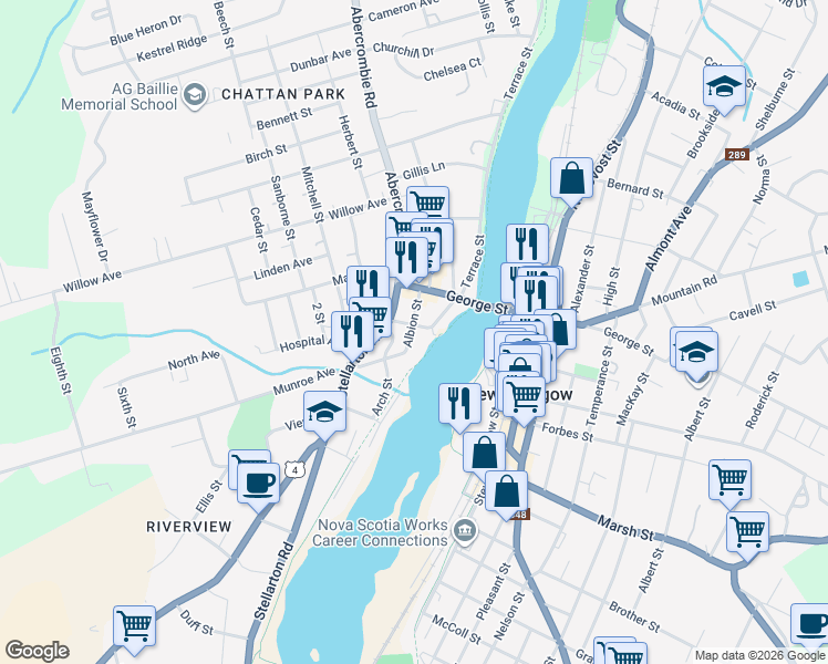 map of restaurants, bars, coffee shops, grocery stores, and more near 56 Albion Street in New Glasgow