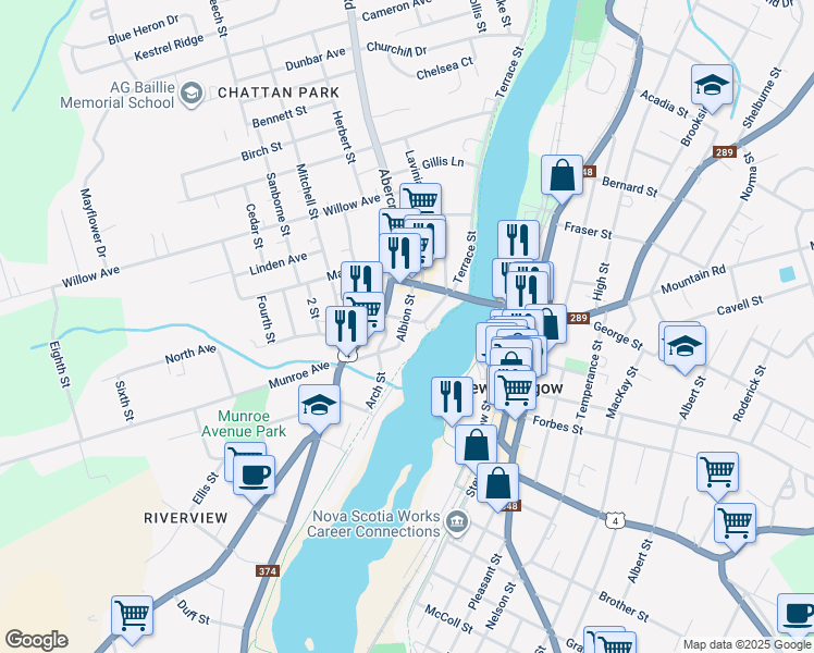 map of restaurants, bars, coffee shops, grocery stores, and more near 56 Albion Street in New Glasgow