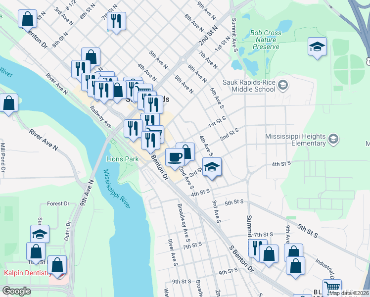 map of restaurants, bars, coffee shops, grocery stores, and more near 107 3rd Avenue South in Sauk Rapids