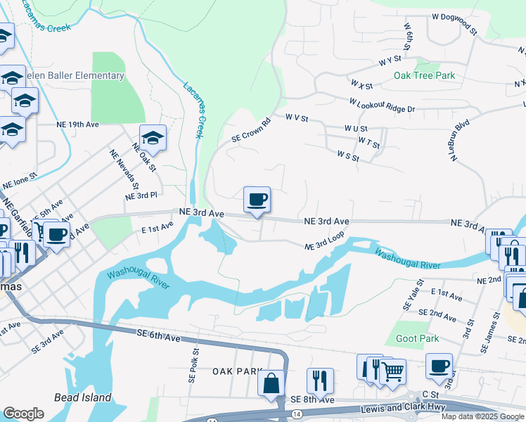 map of restaurants, bars, coffee shops, grocery stores, and more near 522 Province Drive in Camas
