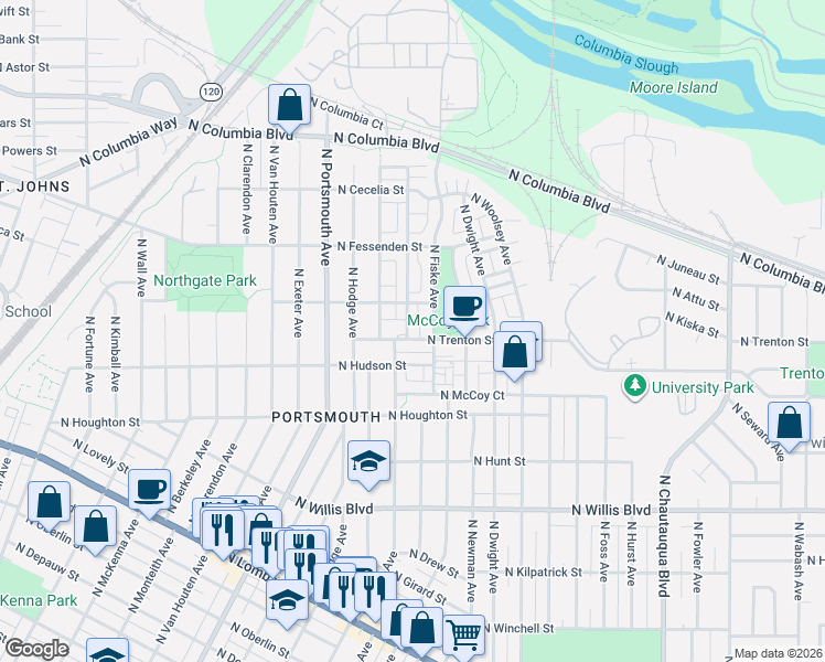 map of restaurants, bars, coffee shops, grocery stores, and more near 9237 North Haven Avenue in Portland