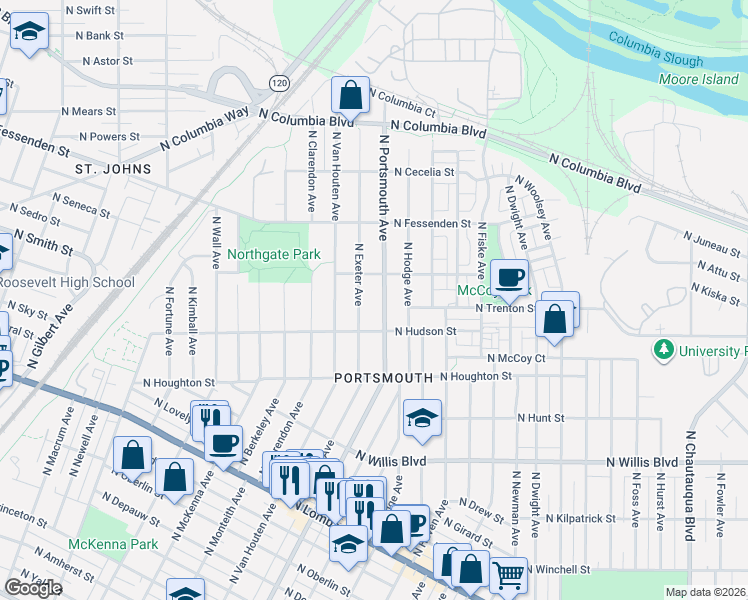 map of restaurants, bars, coffee shops, grocery stores, and more near 9216 North Portsmouth Avenue in Portland