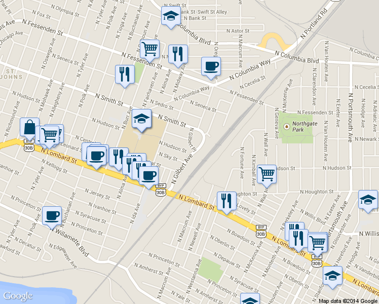 map of restaurants, bars, coffee shops, grocery stores, and more near in Portland