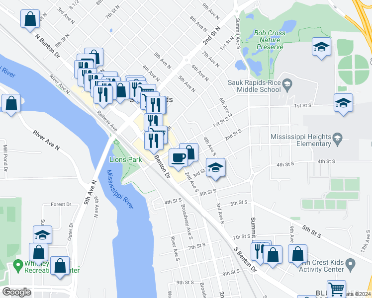 map of restaurants, bars, coffee shops, grocery stores, and more near 303 1st Street North in Sauk Rapids