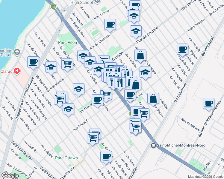 map of restaurants, bars, coffee shops, grocery stores, and more near 10672 Boulevard Pie-IX in Montréal