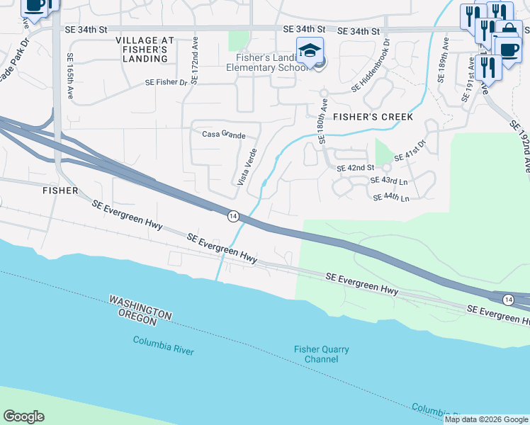 map of restaurants, bars, coffee shops, grocery stores, and more near 4434 Southeast Fisher's Creek Drive in Vancouver