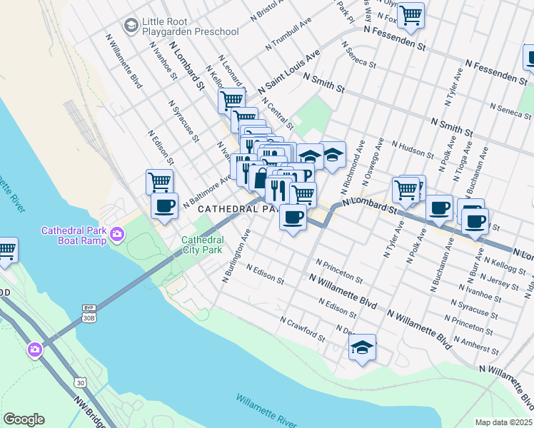 map of restaurants, bars, coffee shops, grocery stores, and more near in Portland