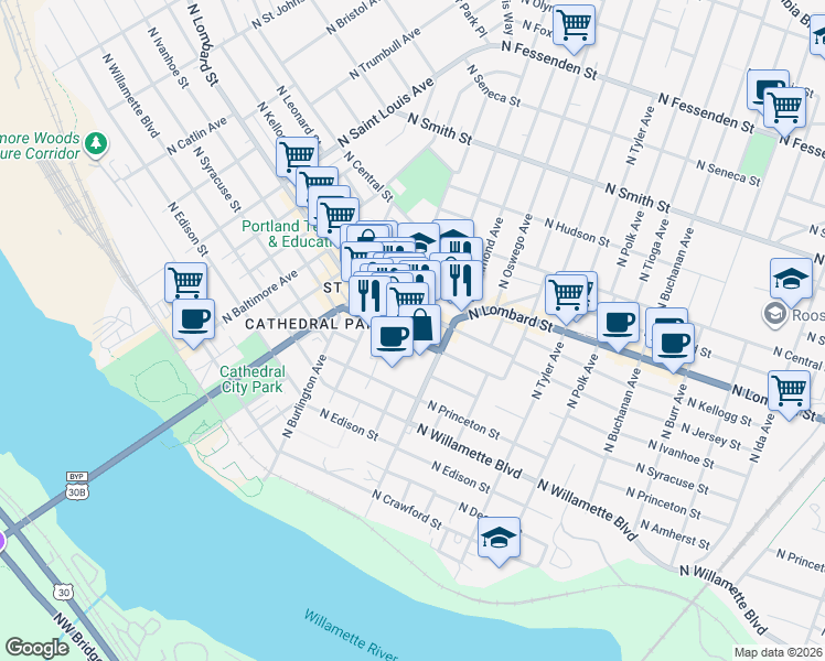 map of restaurants, bars, coffee shops, grocery stores, and more near 8409 North Lombard Street in Portland