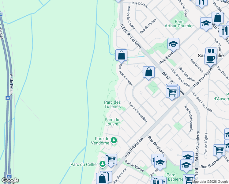 map of restaurants, bars, coffee shops, grocery stores, and more near 1953 Rue de Giverny in Sainte-Julie