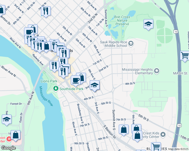 map of restaurants, bars, coffee shops, grocery stores, and more near 401 1/2 Street South in Sauk Rapids