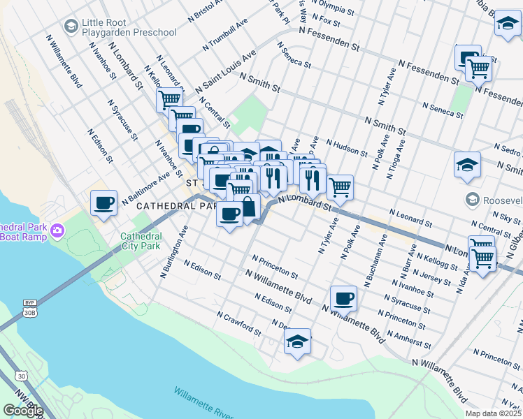 map of restaurants, bars, coffee shops, grocery stores, and more near 8191 North Lombard Street in Portland