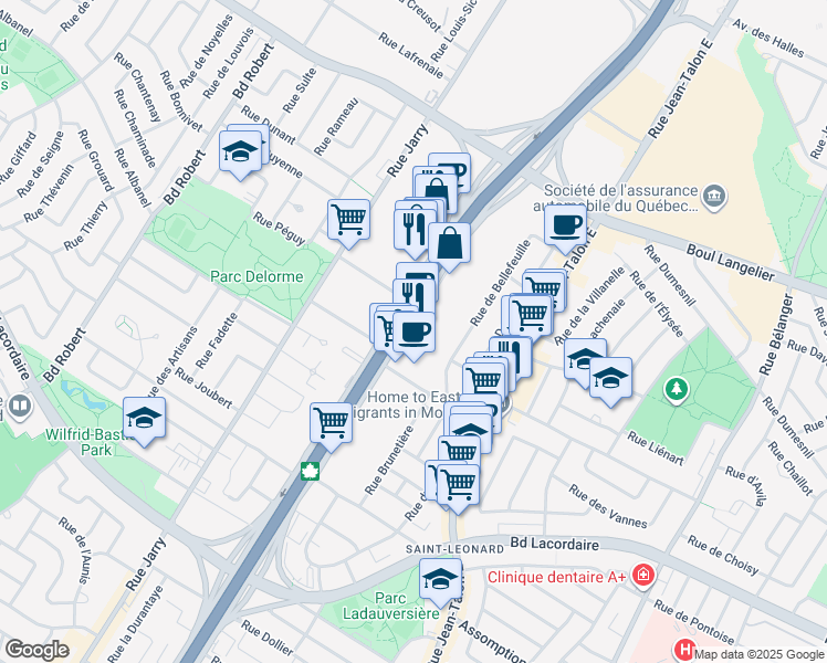 map of restaurants, bars, coffee shops, grocery stores, and more near 6000 Boulevard Métropolitain Est in Montréal