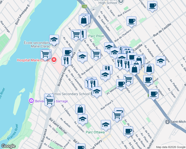 map of restaurants, bars, coffee shops, grocery stores, and more near 10931 Avenue de Rome in Montréal