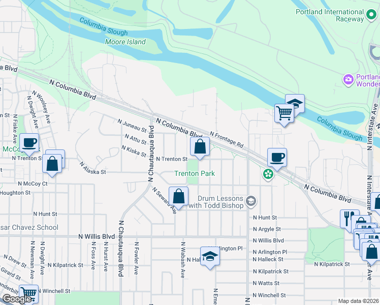 map of restaurants, bars, coffee shops, grocery stores, and more near 9213 North Endicott Avenue in Portland