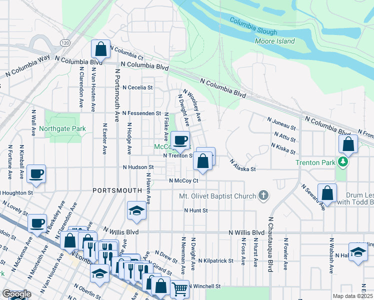 map of restaurants, bars, coffee shops, grocery stores, and more near 9217 North Dwight Avenue in Portland
