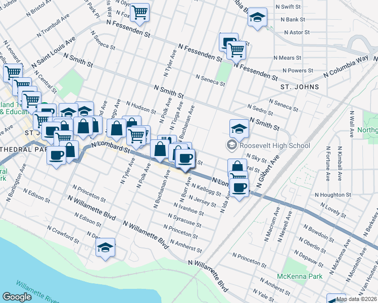 map of restaurants, bars, coffee shops, grocery stores, and more near 7405 North Central Street in Portland