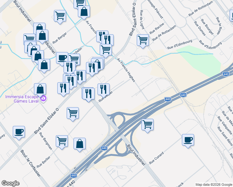 map of restaurants, bars, coffee shops, grocery stores, and more near 910 Rue Berlier in Laval