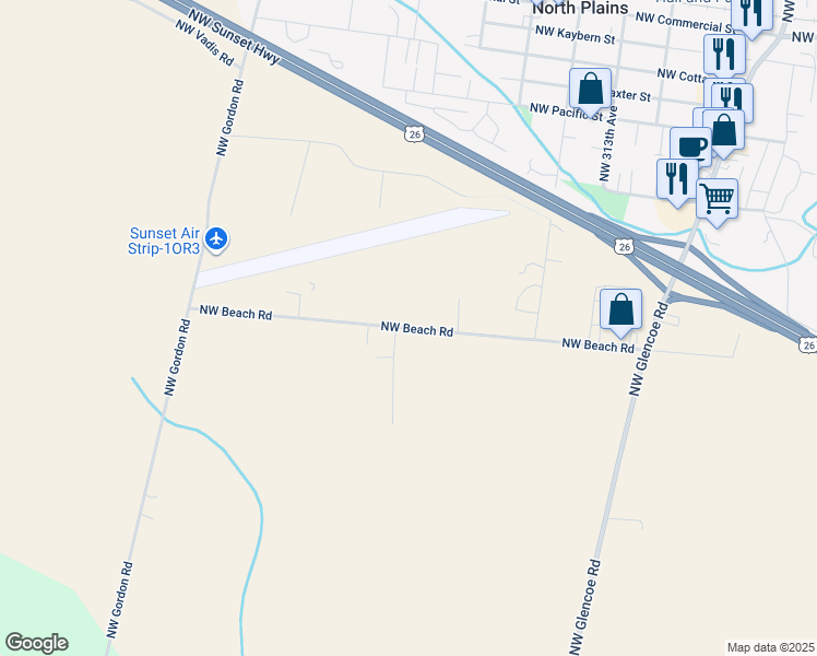 map of restaurants, bars, coffee shops, grocery stores, and more near Northwest Beach Road in Hillsboro