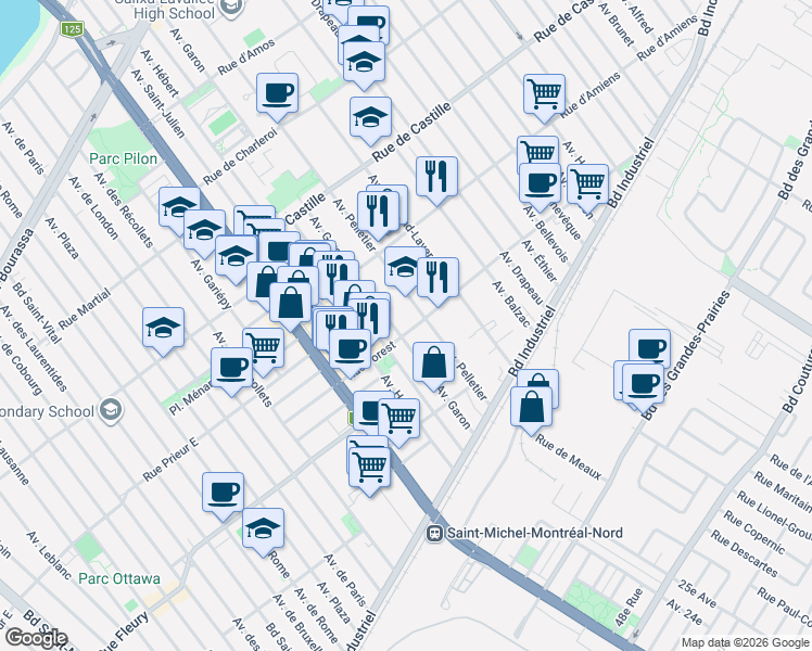 map of restaurants, bars, coffee shops, grocery stores, and more near 4337 Rue Forest in Montréal