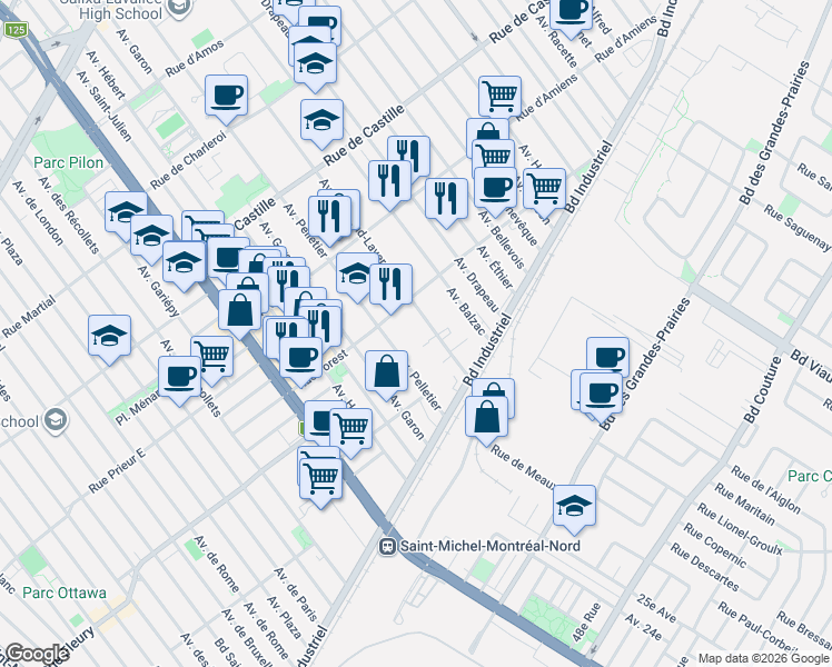 map of restaurants, bars, coffee shops, grocery stores, and more near 10380 Avenue Armand-Lavergne in Montréal