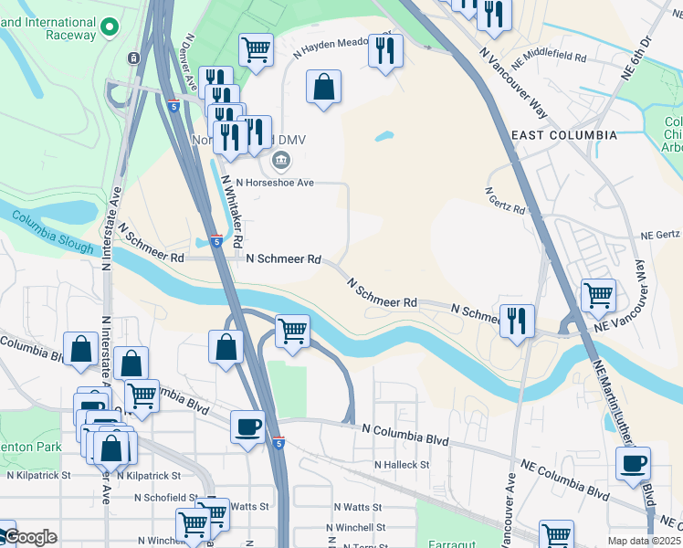 map of restaurants, bars, coffee shops, grocery stores, and more near 471 North Schmeer Road in Portland