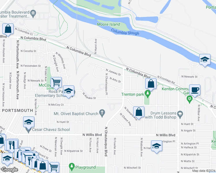 map of restaurants, bars, coffee shops, grocery stores, and more near 3930 North Kiska Street in Portland