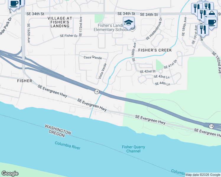 map of restaurants, bars, coffee shops, grocery stores, and more near 4426 Southeast Fisher's Creek Drive in Vancouver