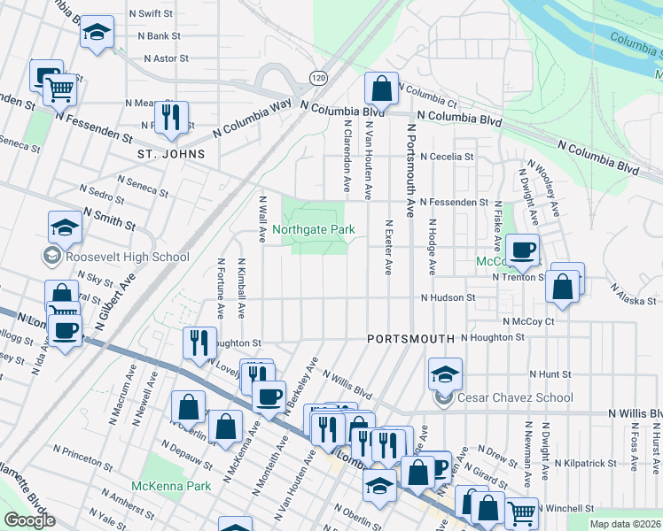 map of restaurants, bars, coffee shops, grocery stores, and more near 9217 North Berkeley Avenue in Portland