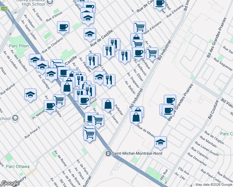 map of restaurants, bars, coffee shops, grocery stores, and more near 10380 Avenue Armand-Lavergne in Montréal