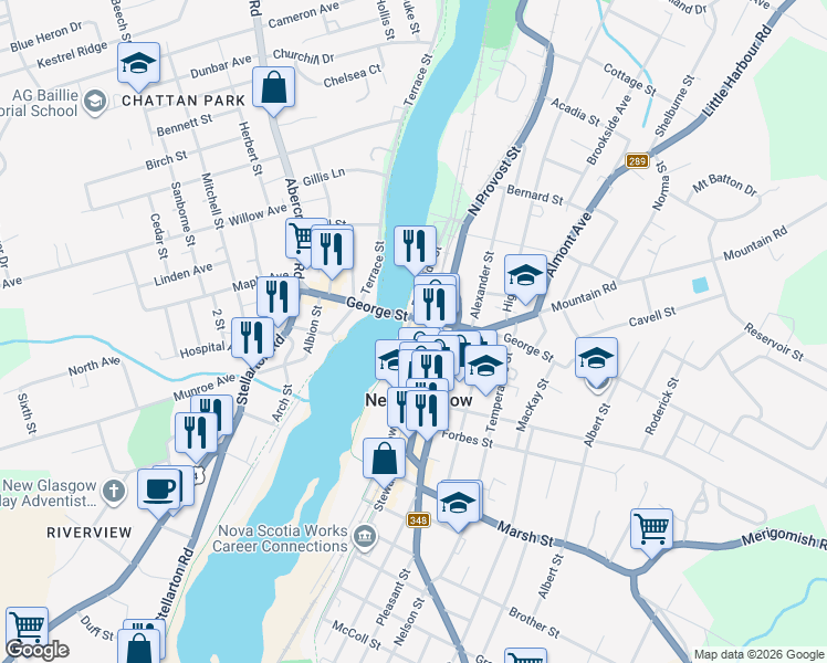 map of restaurants, bars, coffee shops, grocery stores, and more near 124 Riverside Parkway in New Glasgow